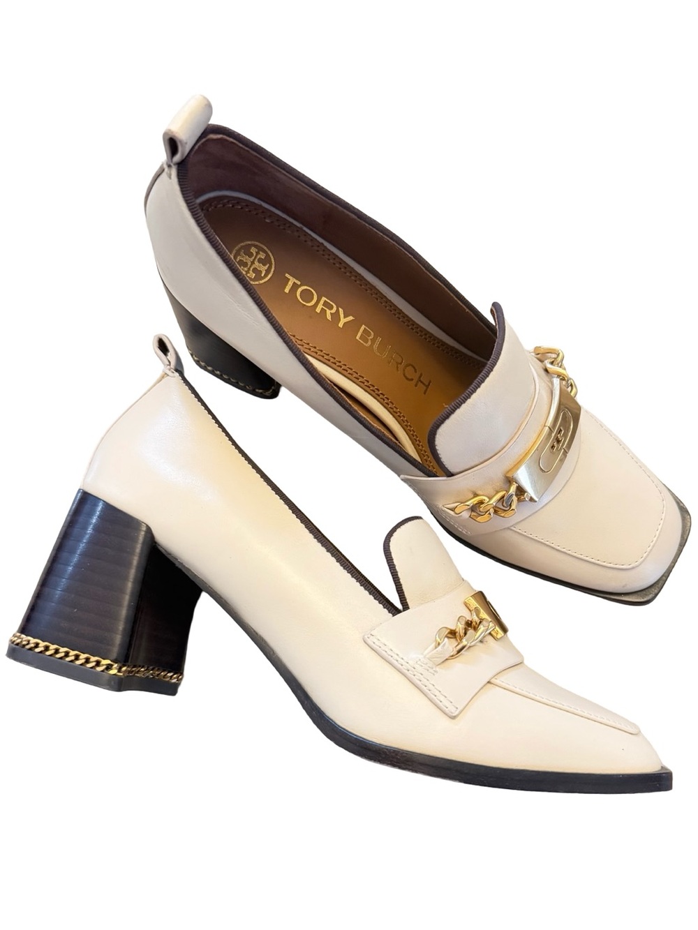 Tory Burch Cream Block Heel Loafers with Gold Chain and Brown
